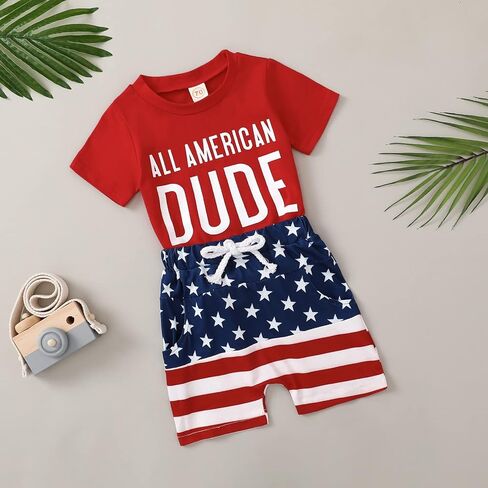 Toddler Boy 4th of July Outfit Letter Embroidery Short Sleeve T-Shirt with Stripe Star Shorts Set in Kuwait