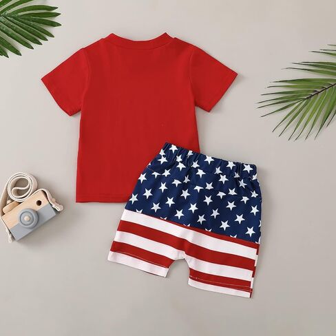 Toddler Boy 4th of July Outfit Letter Embroidery Short Sleeve T-Shirt with Stripe Star Shorts Set in Kuwait