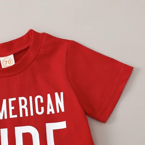Toddler Boy 4th of July Outfit Letter Embroidery Short Sleeve T-Shirt with Stripe Star Shorts Set in Kuwait