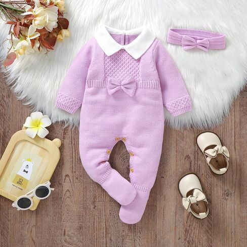 Hadetoto Newborn Baby Sweater Romper Knit Outfits Long Sleeve Jumpsuit with Warm Hat for Infant Boy Girl in Kuwait