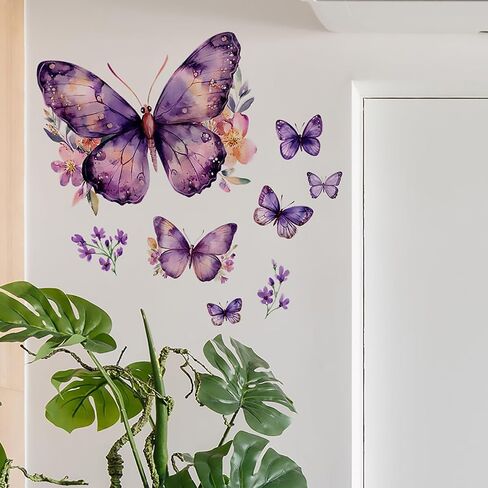 Purple Butterfly Wall Decals Removable Purple Butterflies with Flowers Wall Stickers Peel and Stick Vinyl Butterfly Art Wall Decor for Living Room Bedroom Nursery Bathroom Classroom Decorations in Saudi Arabia