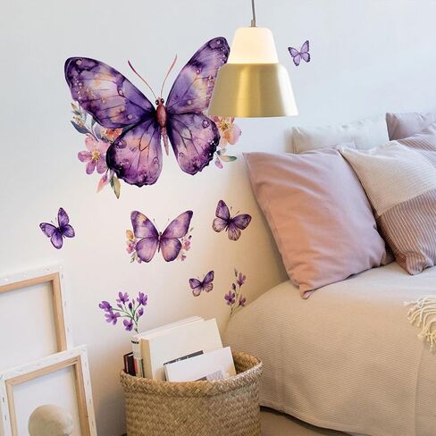 Purple Butterfly Wall Decals Removable Purple Butterflies with Flowers Wall Stickers Peel and Stick Vinyl Butterfly Art Wall Decor for Living Room Bedroom Nursery Bathroom Classroom Decorations in Saudi Arabia