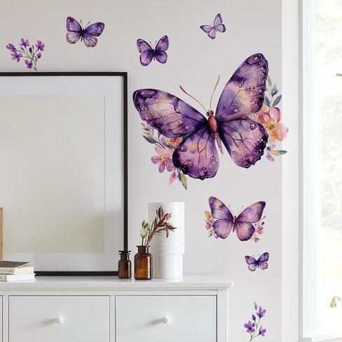 Purple Butterfly Wall Decals Removable Purple Butterflies with Flowers Wall Stickers Peel and Stick Vinyl Butterfly Art Wall Decor for Living Room Bedroom Nursery Bathroom Classroom Decorations in Saudi Arabia