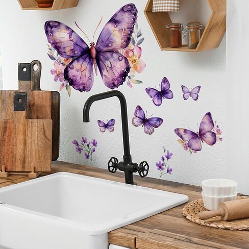 Purple Butterfly Wall Decals Removable Purple Butterflies with Flowers Wall Stickers Peel and Stick Vinyl Butterfly Art Wall Decor for Living Room Bedroom Nursery Bathroom Classroom Decorations in Saudi Arabia