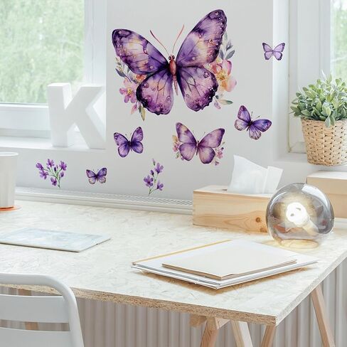 Purple Butterfly Wall Decals Removable Purple Butterflies with Flowers Wall Stickers Peel and Stick Vinyl Butterfly Art Wall Decor for Living Room Bedroom Nursery Bathroom Classroom Decorations in Saudi Arabia