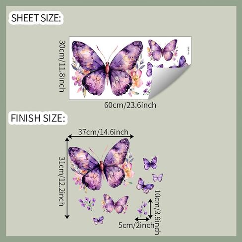Purple Butterfly Wall Decals Removable Purple Butterflies with Flowers Wall Stickers Peel and Stick Vinyl Butterfly Art Wall Decor for Living Room Bedroom Nursery Bathroom Classroom Decorations in Saudi Arabia