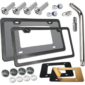 BGGTMO Anti Theft License Plate Frames -Carbon Fiber Style Metal Aluminum License Plate Holders, Contains 100% Stainless Steel License Plate Anti Theft Screws, Fit US Car Front and Rear License Plate