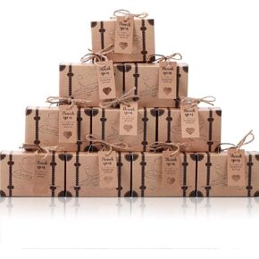 50 Sets Mini Suitcase Boxes, Small Candy Boxes, Travel Themed Wedding Favors Box, Vintage Suitcase Box with Thank You Tags and Burlap Twine for Wedding Party Bridal Shower Birthday Decoration