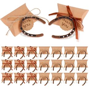 25PCS Good Lucky Horseshoe Wedding Favors for Guests, Vintage Craft Horse Shoe Decor with Tag Kraft Candy Box and Satin Ribbon, Rustic Horseshoe Gifts for Vintage Wedding Party Decorations
