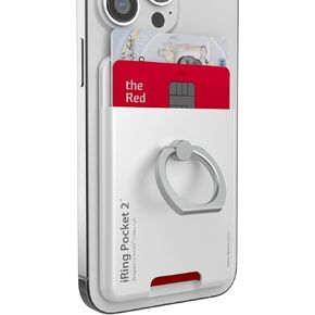 iRing Pocket, Made in Korea, Card Cell Phone Ring Grip Holder. Holds 2 cards. Phone Wallet Card Holder with Finger Grip. Compatible with iPhone, Galaxy, Other Android Smartphones(Clear)