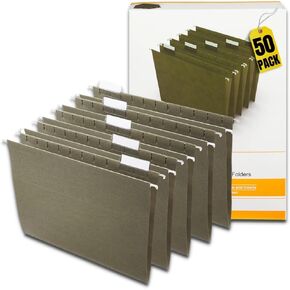 1InTheOffice Hanging File Folders Letter Size, Hanging Organizer File Folders, Green Hanging Folders, 1/5 Tabs, 11 pt, 50 Pack