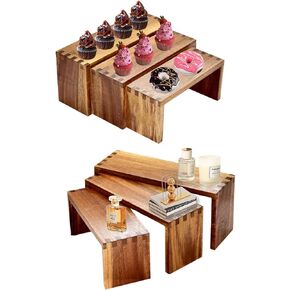 6Pcs Wood Risers Display Stands 2 Set,3Tier Rectangular Spice Rack Organizer for Food,Desserts,Cup Cake Stand,Large Tiered Shelf Organizer for Perfume, Makeup,Dolls,Collectibles Organizer