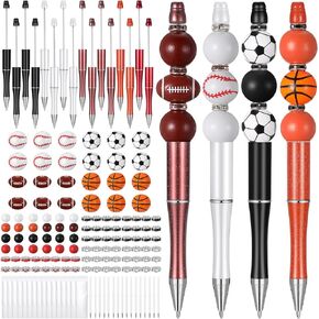 16 Set Sports Bead Pens Bulk DIY Beadable Pens Making Kit Plastic Assorted ball Beads Crystal Spacer Wood Ballpoint Pen with Black Refills Pen Bag for Kids Student School Office Gifts