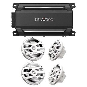 KENWOOD KAC-M5024BT Compact 4-Channel 600 Watt Car Amplifier with Bluetooth Streaming for Marine, ATV and Powersport Applications | Plus 2X Kenwood KFC-1653MRW 6.5" 2-Way Marine Speakers Pair (Tan)