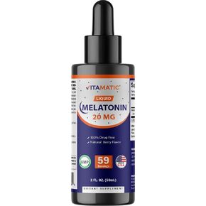 Vitamatic Melatonin 20mg Liquid Drops - 2 Fluid Ounce (59ml) - Natural Berry Flavor - for Adults - Non-GMO - Vegetarian Supplement