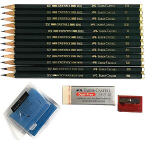 Faber-Castell 9000 Graphite Sketch Pencil Art Set (8B - 2H) with Kneaded Art Eraser, Large Dust Free Eraser and Sharpener