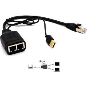 RJ45 Male to Female Network Splitter Adapter, RJ45 1 to 2 LAN Ethernet Network Adapter Converter with USB Power Cable Cord for Cat6 / Cat7