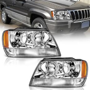 Headlights Assembly Pair For 1999-2004 Jeep Grand Cherokee,Halogen Headlight Assembly Headlamp Replacement For 1999 2000 2001 2002 2003 2004 Jeep Grand Cherokee Chrome Housing+Amber Reflector