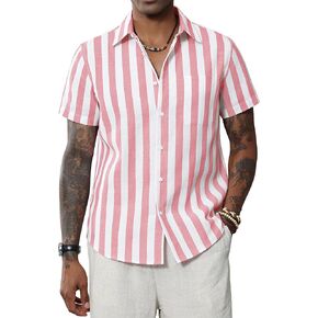 J.VER Men's Linen Shirts Short Sleeve Casual Striped Button Down Shirt for Summer Beach Yoga