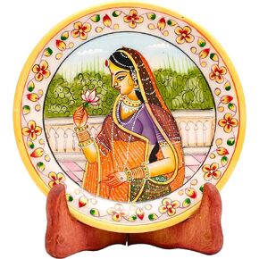 Marble Decorative Plate Traditional Indian Handpainted Round Shape Showpiece Pottery Plate with Stand for Decoration Home Office Décor and Gifting (Rajasthani Lady with Lotus)