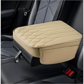 Car Center Console Cover, Leather Auto Armrest Protector Pad with 2 Side Pockets, Comfortable Armrest Box Cushion Pillow for Most Vehicles, Interior Decor Car Accessories (Black)