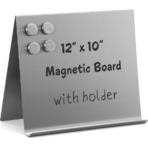 Large Magnetic Bulletin Board – Dry Erase Memo Board with Stand – Tabletop Metal Easel for Magnet Display – 12x10 Inches + 4 Magnets