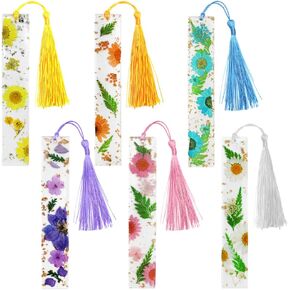 6 Pcs Dried Flower Resin Bookmarks, SENHAI Transparent Floral Dried Flower Resin Bookmarks with 6 Pcs Colorful Silky Tassel, for Women Student Teacher Book Lovers