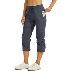 Willit Women's Woven Capris Hiking Travel Pants Striped Workout Drawstring Pants with Pockets Lightweight Quick Dry Deep Blue M