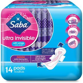 Saba, Ultra Invisible Overnight Extra Heavy Flow Ultra Thin Pads with Wings, 14 Count