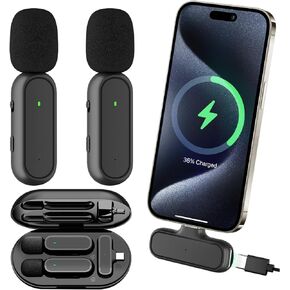 ميكروفون iPhone 15، قطعتان من ميكروفون Lavalier اللاسلكي مع علبة شحن - التوصيل والتشغيل، جودة صوت واضحة لـ iP15 Pro/Max والمزيد من هواتف USB C، K61 in Kuwait