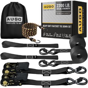 AUGO Ratchet Tie Down Straps -2 PK– 15 FT – 2,200 LB Break Strength – Safety Lock S Hooks –for Moving Cargo, Appliances, Lawn Equipment, Motorcycle – Includes 1 Bungee Cord, 2 Soft Loops, Storage Bag