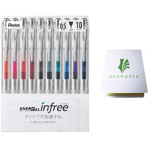 Pentel Energel Infree Gel Ink Ballpoint Pen 0.5mm, Needle Tip 10 colors set with Sticky Notes