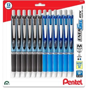 Pentel RTX Energel Liquid Gel Ink Pens 0.7 - Pack of 12 Needle Tip Energel 0.7 Pens - 6 Black Ink & 6 Blue Ink Energel Pens