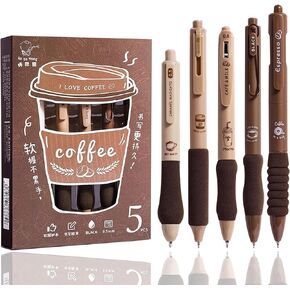 Cute Gel Pens 5Pcs Retractable Quick Dry Ink Pens 0.5mm Fine Point Black Ink Kawaii Smooth Writing Pens for School Office Supplies Aesthetic pretty pens (Coffee)
