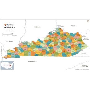 Kentucky Counties Map - Standard - 36" x 20.25" Laminated