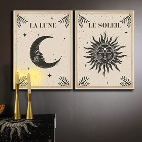 2 Pcs Celestial Moon and Sun Wall Decor Wood Tarot Cards Boho Witchy Wall Decor Wooden Hanging Wall Art Mystic Astrology Witchy Decor for Home Bedroom Living Room Gallery, No Frame