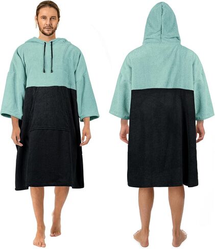 Surf Poncho Changing Robe, 3/4 Sleeve Extra Large Thick Hoodie Towel Poncho for Men Women Beach Swimming, 39‘’x33‘’, Black Teal in Saudi Arabia