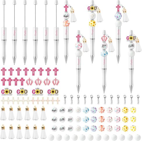 175pcs Religious Inspirational Beadable Ballpoint Pen Set, Set of 12 Plastic Beadable Pen, Hope Faith Love Wood Bead, Cross Pendant, Crystal Spacer Bead, Sunday School VBS Supplies for Kids in Saudi Arabia