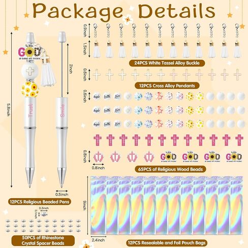 175pcs Religious Inspirational Beadable Ballpoint Pen Set, Set of 12 Plastic Beadable Pen, Hope Faith Love Wood Bead, Cross Pendant, Crystal Spacer Bead, Sunday School VBS Supplies for Kids in Saudi Arabia