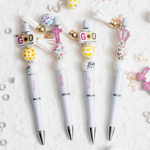 175pcs Religious Inspirational Beadable Ballpoint Pen Set, Set of 12 Plastic Beadable Pen, Hope Faith Love Wood Bead, Cross Pendant, Crystal Spacer Bead, Sunday School VBS Supplies for Kids in Saudi Arabia