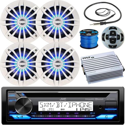 JVC KD-T92MBS Single DIN Marine Bluetooth AM/FM USB AUX مشغل أقراص مضغوطة جهاز استقبال ستيريو مع جهاز تحكم عن بعد، (الكمية 4) 6.5 بوصة 180 وات بحد أقصى مكبرات صوت بيضاء LED زرقاء، 4 قنوات مكبر صوت 400 وات، هوائي، سلك مكبر صوت in Saudi Arabia