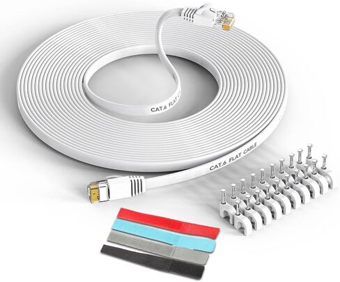 كابل إيثرنت Cat 6 عالي السرعة مسطح جيجابت RJ45 LAN كابل 10 جيجابت في الثانية 250 ميجا هرتز كابلات شبكة الإنترنت المحمية 100 قدم سلك تصحيح مع توافق واسع للكمبيوتر (100 قدم أبيض) in Kuwait