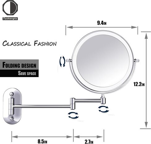 Tushengtu 8"Wall Mounted Makeup Mirror with Intelligent Light Control-10X Magnification, Rotatable Mirror, Adjustable Brightness and Color Temperature in Saudi Arabia