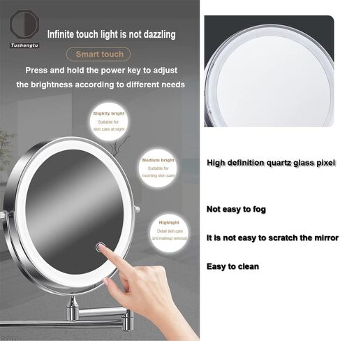 Tushengtu 8"Wall Mounted Makeup Mirror with Intelligent Light Control-10X Magnification, Rotatable Mirror, Adjustable Brightness and Color Temperature in Saudi Arabia