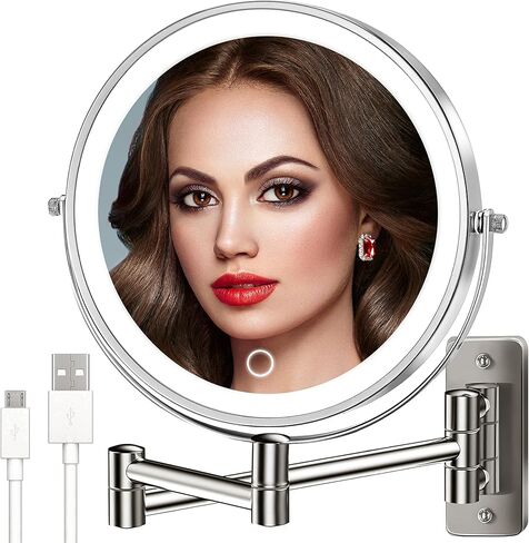مرآة مكياج مثبتة على الحائط قابلة لإعادة الشحن مقاس 9 بوصات من VESAUR، مرآة زينة مكبرة مزدوجة الجوانب 1X/10X مع 3 ألوان، سطوع قابل للتعديل، مرآة حمام قابلة للتمديد بزاوية 360 درجة، 17 بوصة، نيكل لؤلؤي كبير in Kuwait