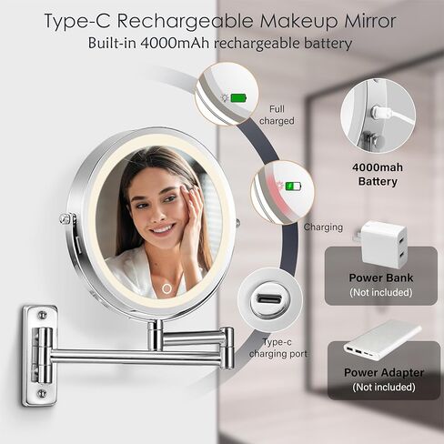 مرآة مكياج مثبتة على الحائط قابلة لإعادة الشحن مقاس 9 بوصات من VESAUR، مرآة زينة مكبرة مزدوجة الجوانب 1X/10X مع 3 ألوان، سطوع قابل للتعديل، مرآة حمام قابلة للتمديد بزاوية 360 درجة، 17 بوصة، نيكل لؤلؤي كبير in Kuwait