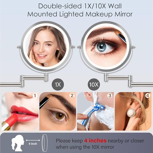 مرآة مكياج مثبتة على الحائط قابلة لإعادة الشحن مقاس 9 بوصات من VESAUR، مرآة زينة مكبرة مزدوجة الجوانب 1X/10X مع 3 ألوان، سطوع قابل للتعديل، مرآة حمام قابلة للتمديد بزاوية 360 درجة، 17 بوصة، نيكل لؤلؤي كبير in Kuwait