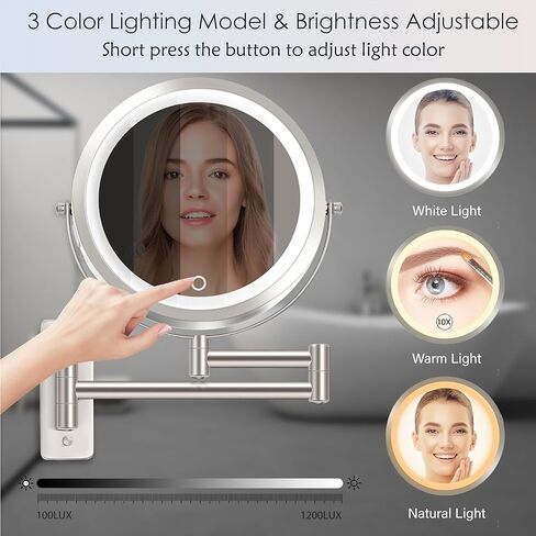 مرآة مكياج مثبتة على الحائط قابلة لإعادة الشحن مقاس 9 بوصات من VESAUR، مرآة زينة مكبرة مزدوجة الجوانب 1X/10X مع 3 ألوان، سطوع قابل للتعديل، مرآة حمام قابلة للتمديد بزاوية 360 درجة، 17 بوصة، نيكل لؤلؤي كبير in Kuwait