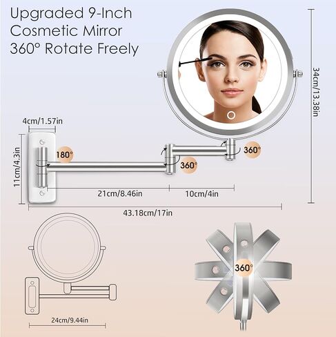 مرآة مكياج مثبتة على الحائط قابلة لإعادة الشحن مقاس 9 بوصات من VESAUR، مرآة زينة مكبرة مزدوجة الجوانب 1X/10X مع 3 ألوان، سطوع قابل للتعديل، مرآة حمام قابلة للتمديد بزاوية 360 درجة، 17 بوصة، نيكل لؤلؤي كبير in Kuwait
