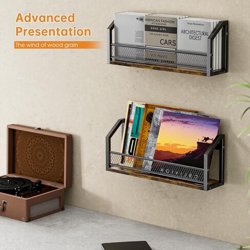 Vinyl Record Storage Wall Mount, Vintage Record Holder, Modern Ironwood Wall-Mounted Vinyl LP Record Storage Rack, Suitable for Records, Books, Art Collections-Two-Piece Set. in Kuwait